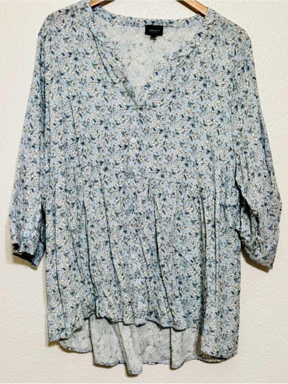 Jones & Co Women's Babydoll Blouse Blue and White Flowers 3X